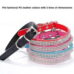 Dog Cat Diamond Bling Rhinestone PU Leather Collar